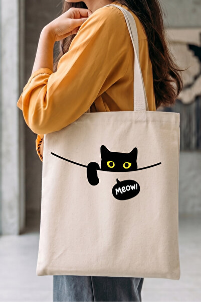 Windy Island Cat Meow Printed Raw Fabric Shoulder Bag |   35X40 cm