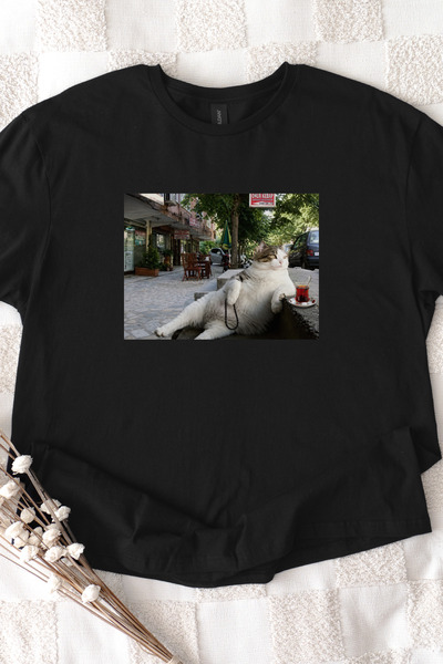 Auryne Jewelry Unisex Popular Tea Drinking Cat Printed T-Shirt Durable Printi...