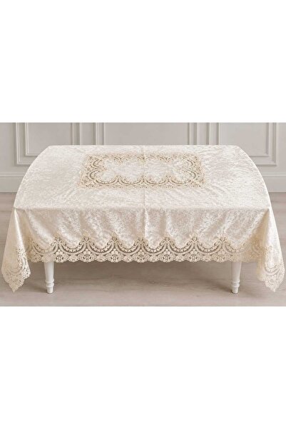 çeyizköşesi Sultan Velvet Fabric French Laced Luxury Tablecloth with a Center...