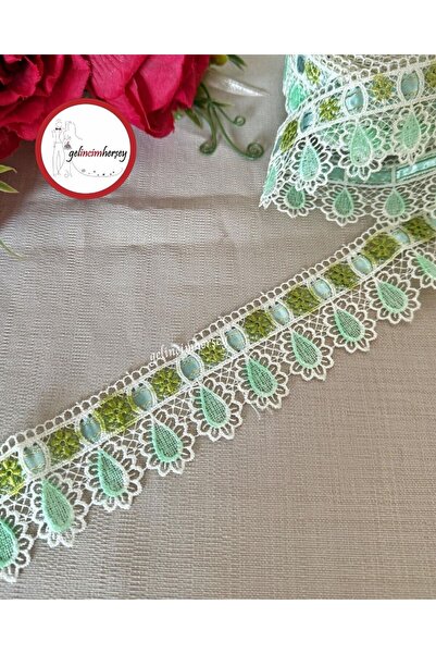 Gelincimherşey Aralı Kurdeleli Yeşil Batikli Dantel Güpür 5 cm 4.5 Metre