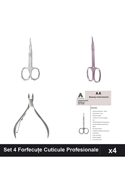 Makeup Set 4 Forfecuțe și Clești Unghii Profesionale, Cuticule Argintii, Mani...