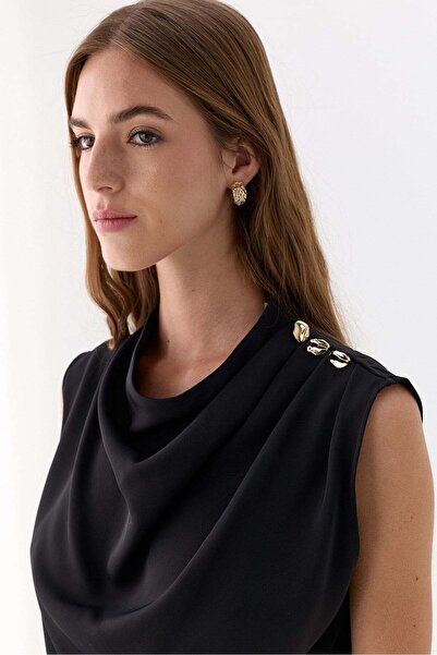 Lencie Degaje Yaka Gold Buttoned Blouse Black
