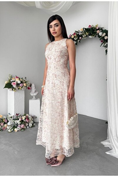 Starmount Butik Pembe Üç Boyutlu Çiçek Desen Parlak Uzun Elbise
