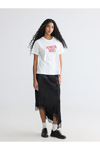 LC Waikiki Nevavm Satin Skirt with Elastic Waist and Lace Detail