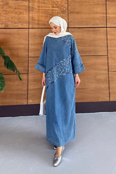Miss Allos Women's Sequin Embroidered Bat Sleeve Denim Dress