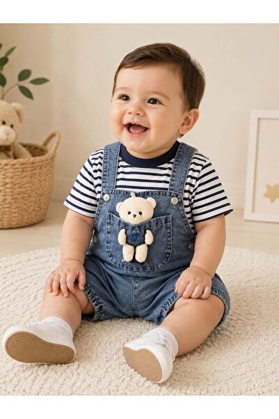 Melomio Baby Kids Cepli Ayı Kot Bahçivan Bebe Tulum Lacivert
