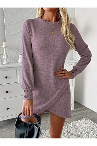 Wear Up فستان نسائي طويل الأكمام برقبة دائرية وقصة غير متماثلة من الأمام وتفا...