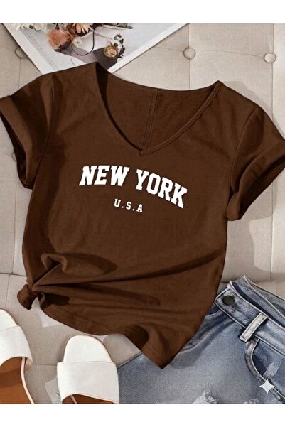 BW Bravely Wear Γυναικείο μπλουζάκι με λαιμόκοψη V NEWYORK USA με στάμπα κανο...