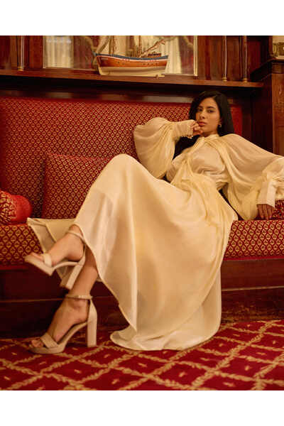 LAUD Long Satin Dress with Pleated Material and Long Sleeves