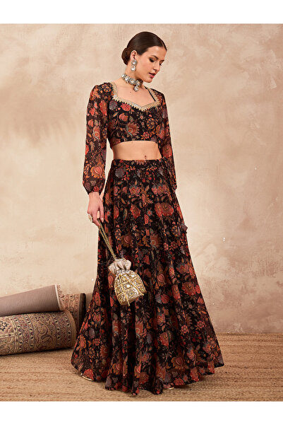 Sassafras By Styli Floral Sweetheart Neck Crop Top and Anarkali Skirt Co-Ords