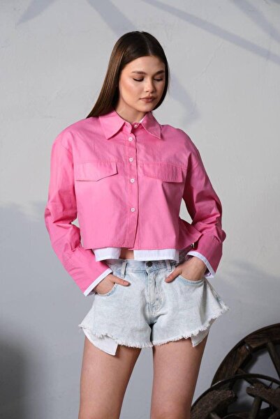 Roza Moda Collection Çift Katman Görünümlü Crop Poplin Gömlek - Garnili Overs...