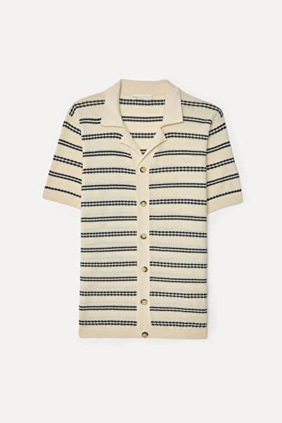 Mudo Men's Off-White Striped Polo Collar Short Sleeve Sweater