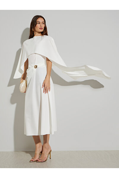 Styli White Cape Sleeve A-Line Midi Dress
