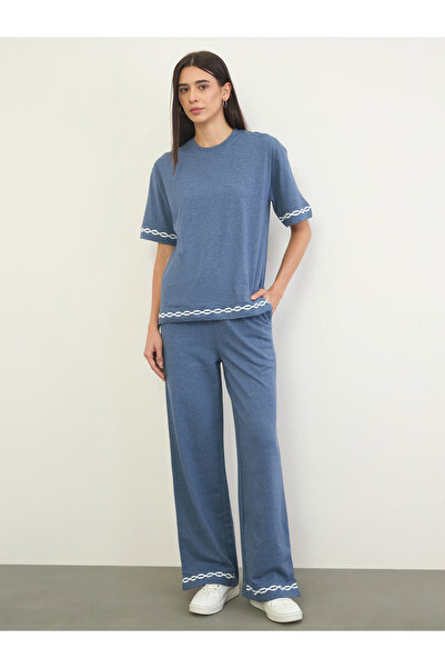 Styli Blue Embroidered Hem Wide Leg Joggers