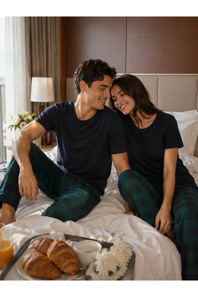 KLY Honeymoon Series Couple Pajama Set – Special Soft Textured Premium Plaid Bottom & Basic Black Top Combination for Newlyweds