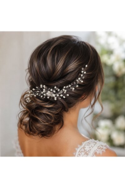 Raizel Accesoriu par mireasa argintiu, stil pieptene, cu perle si margele, Al...
