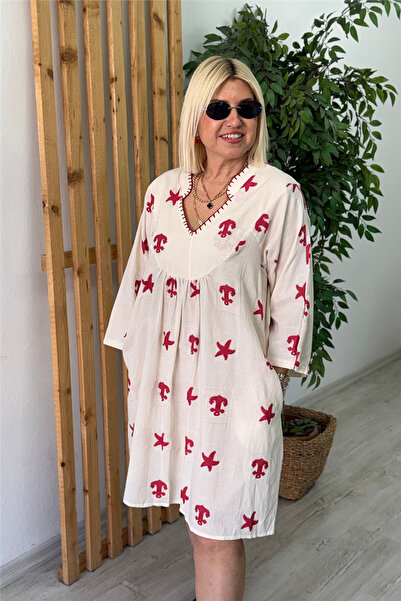 By Esra Celkan Beige Star Pattern Hand Embroidered Dress