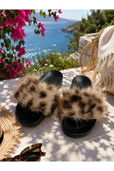 luvo shoes Leopar Desenli Kürklü Kadın Terliği Ortopedik Kaymaz Taban Günlük ...