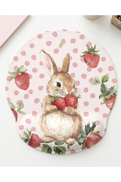 matizya Sevimli Tavşan ve Çilek Desenli Bilek Destekli Mousepad Cute Kawaii E...