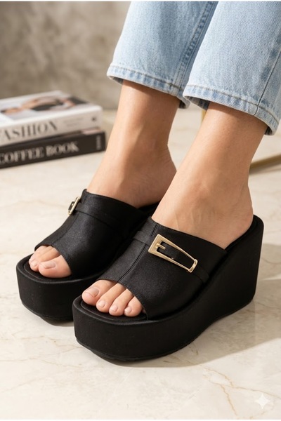 Suuet Ron Women's Slippers with Padded Sole and Gold Buckle in Satin