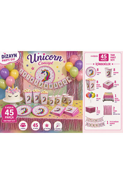 Dizayn Parti Evi 8 Kişilik Unicorn Parti Seti 45 Parça Doğum Günü Süsleri Uni...