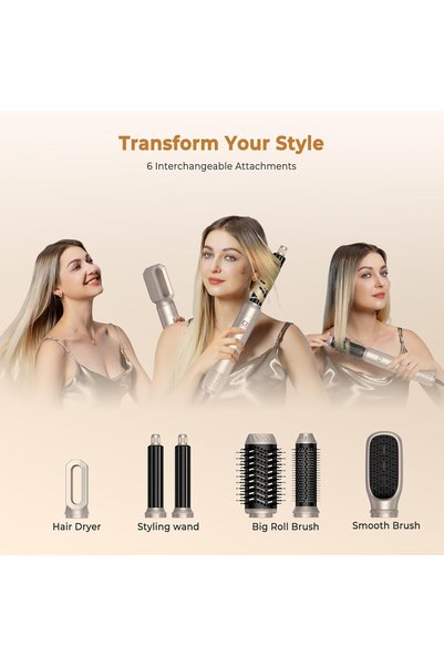 UKLISS Perie de coafat 6 in 1, Air Styler 1000W, uscator, ondulator, perie rotativa, argintiu auriu