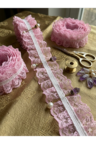 Deniz Party Store Lastikli Büzgülü Pembe Çift Taraflı Dantel Fırfır 4 cm 1 Metre