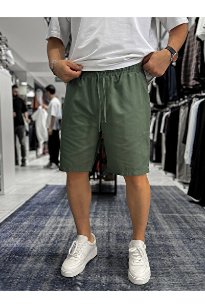 BYBASICMAN Green Linen Textured Basic Shorts Lns-3123