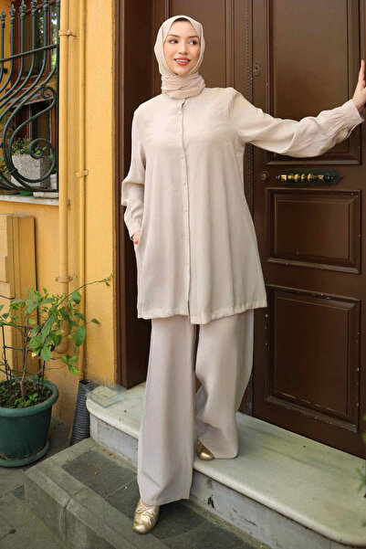 İmajButik طقم بنطلون تونيك بأزرار حجرية