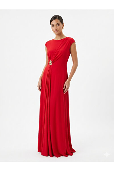 Topstar Red Maxi Evening Dress with Charming Draping and Luxurious Gold Embel...