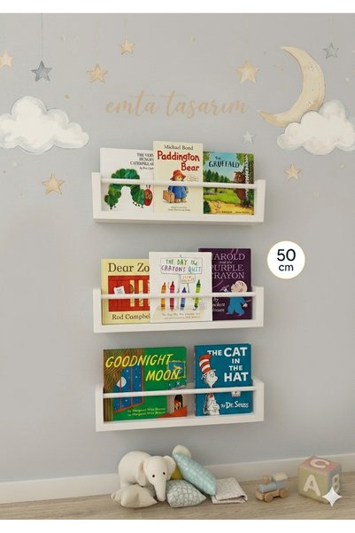 emta tasarım 50 cm 3 lü Beyaz raf Montessori kitaplık baby room aksesuar