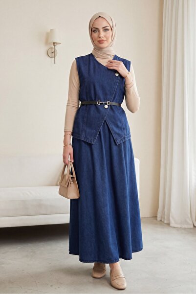 Modamorfo Buttoned Vest and Belted Skirt Denim Suit - Dark Blue