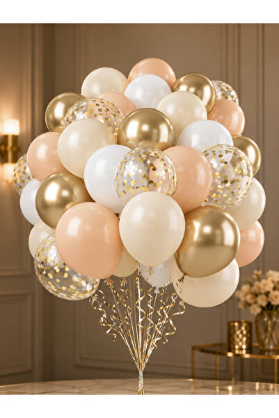 Aspak Bej & Kahverengi Gold Konfeti Balon Demeti – 30’lu Set (Balon Zinciri D...