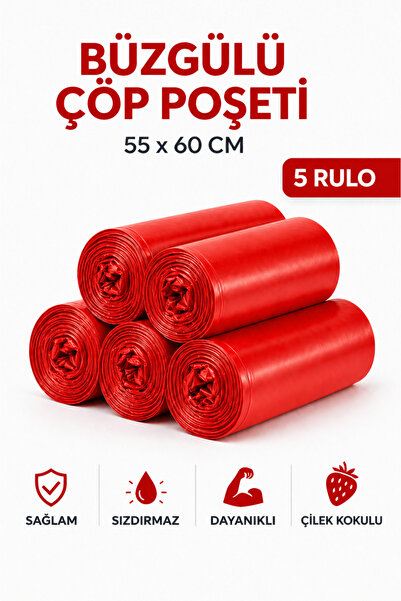 MSE HOLD Büzgülü Çöp Poşeti Çilek Kokulu 55×60 cm Orta Boy 5 Rulo Dayanıklı S...