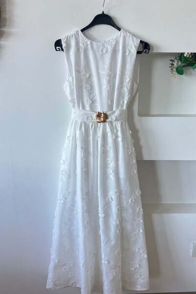 butikhola White Gold Belt Detailed Dress