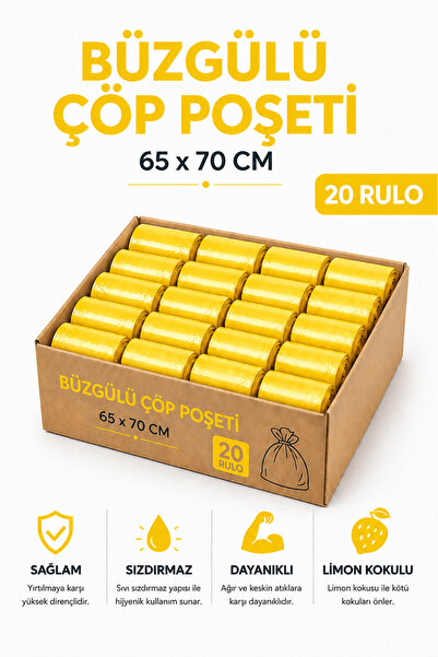 MSE HOLD Büzgülü Çöp Poşeti Limon Kokulu 65×70 cm Büyük Boy 20 Rulo Dayanıklı...