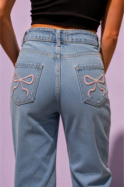 satya Pink Bow Detailed High Waist Straight Jean Pantalon