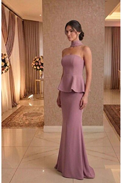 NOVERA DRESS Pudra Pembesi Straplez Peplum Şal Detaylı Balık Abiye Elbise