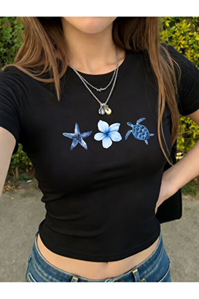 NEVERMIND Women's Sea Theme Crop Baby Tee Star Flower Turtle Printed Y2K Aest...