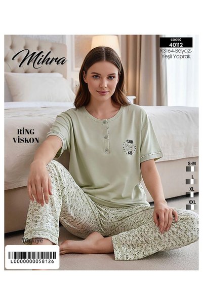 Mihra Set pijamale din lycra cu mânecă scurtă, cu guler cu nasturi, din viscoză, pentru femei 40112Y - 1 bucată