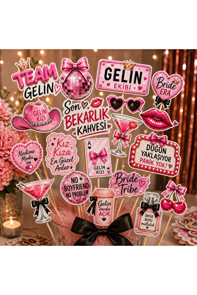 BieneGift Bekarlığa Veda Çubuklu Konuşma Balonu Seti Pembe Bride Team Gelin P...