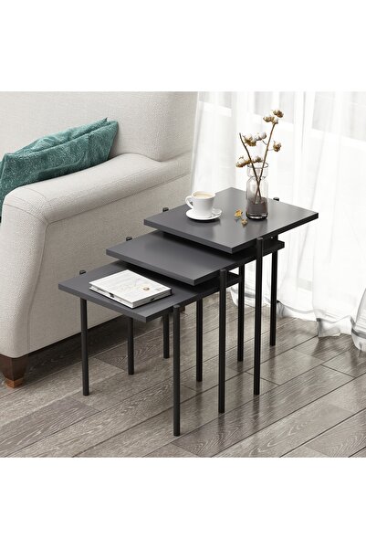 Betroya Nest Zigon Sehpa Antrasit Modern 3’lü Yan Sehpa Takımı
