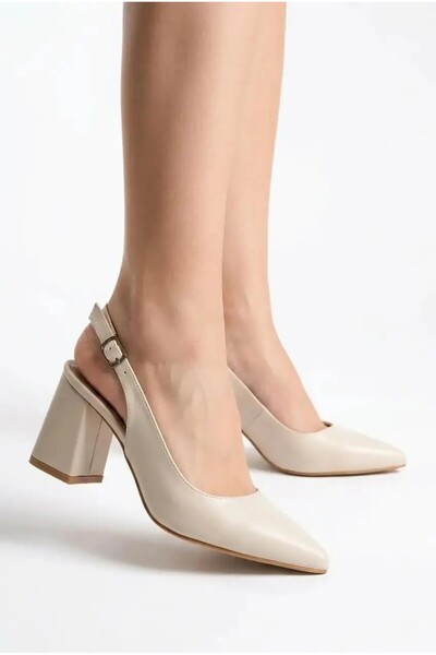 Lidora Women's Cream Open Back 7 cm Thick Heeled Shoes Ayk2146