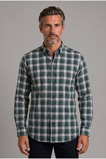 Bisse Yeşil Modern Fit Pamuk Düğmeli İtalyan Yaka Ekose Kışlık Gömlek