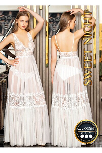 turkish - Luxury White Maxi Nightgown with Lace Body and Transparent Tulle an...