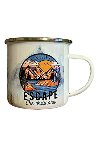 OEM White enameled steel mug, 360 ml volume, white, mountain design