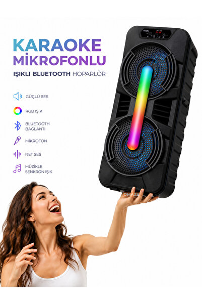 Omaze RGB LED Ultra Güçlü Karaoke Bluetooth Hoparlör Mikrofon Dahil Taşınabil...