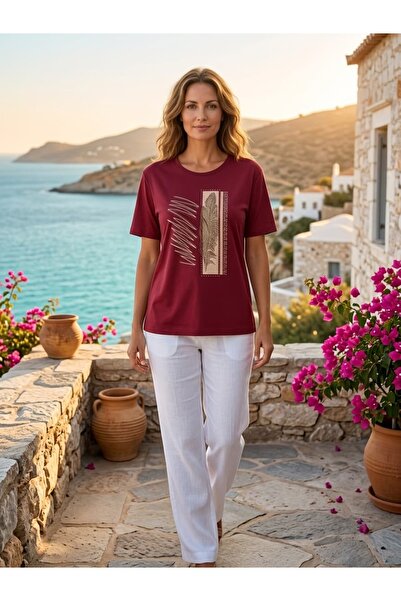 Punta Otantik Ms12803 Stone Embellished Oysho Fabric Blouse Burgundy