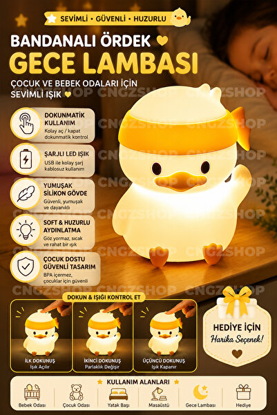 CNGZSHOP Çocuk Bebek Odası Bandanalı Ördek Figürlü Gece Lambası LED Işık Sevimli Dokunmatik Şarjlı Silikon La