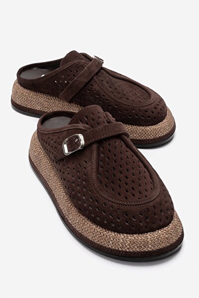LuviShoes VONE Kahverengi Süet Hakiki Deri Kemerli Burnu Kapalı Kadın Terlik